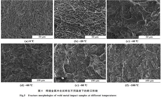 圖5 焊縫金屬?zèng)_擊試樣在不同溫度下的斷口形貌 圖5 焊縫金屬?zèng)_擊試樣在不同溫度下的斷口形貌