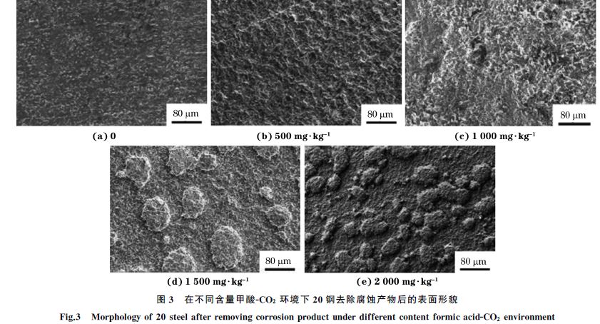 圖3 在不同含量甲酸GCO2 環(huán)境下20鋼去除腐蝕產物后的表面形貌 圖3 在不同含量甲酸GCO2 環(huán)境下20鋼去除腐蝕產物后的表面形貌